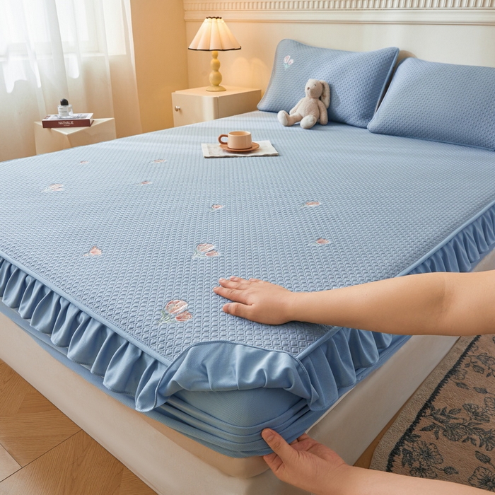 91家纺网 家纺一手货源 找家纺 （总）爱思凯家纺 2025新款凉感冰豆豆凉席床笠款-花边款