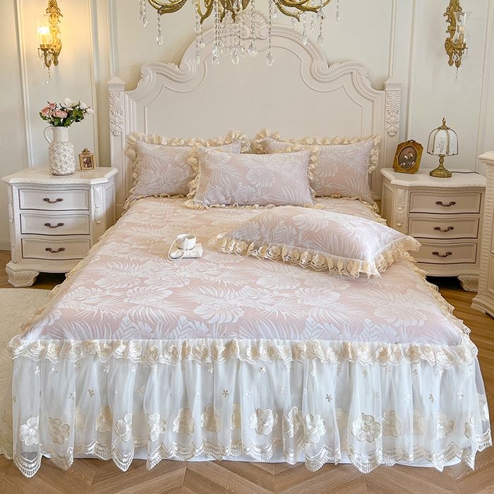 91家纺网 家纺一手货源 找家纺 （总）网红馆（ck家纺） 2025新款提花冰丝席床裙款凉席席子三件套-叶璃