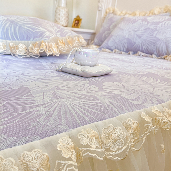 91家纺网 家纺一手货源 找家纺 网红馆（ck家纺） 2025新款提花冰丝席床裙款凉席席子三件套-叶璃 叶璃-紫