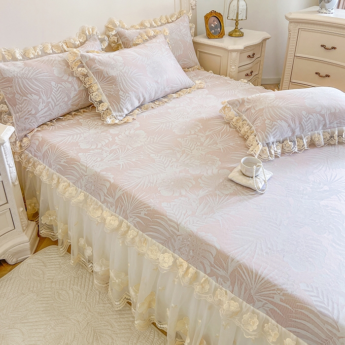 91家纺网 家纺一手货源 找家纺 网红馆（ck家纺） 2025新款提花冰丝席床裙款凉席席子三件套-叶璃 叶璃-粉