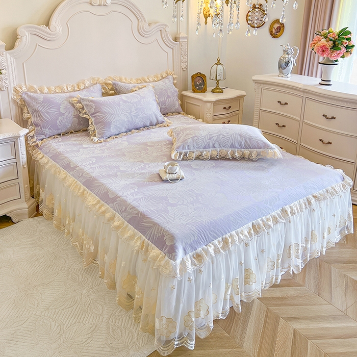 91家纺网 家纺一手货源 找家纺 网红馆（ck家纺） 2025新款提花冰丝席床裙款凉席席子三件套-叶璃 叶璃-紫