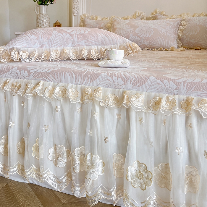 91家纺网 家纺一手货源 找家纺 （总）网红馆（ck家纺） 2025新款提花冰丝席床裙款凉席席子三件套-叶璃