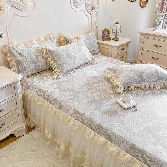 91家纺网 家纺一手货源 找家纺 网红馆（ck家纺） 2025新款提花冰丝席床裙款凉席席子三件套-叶璃 叶璃-灰