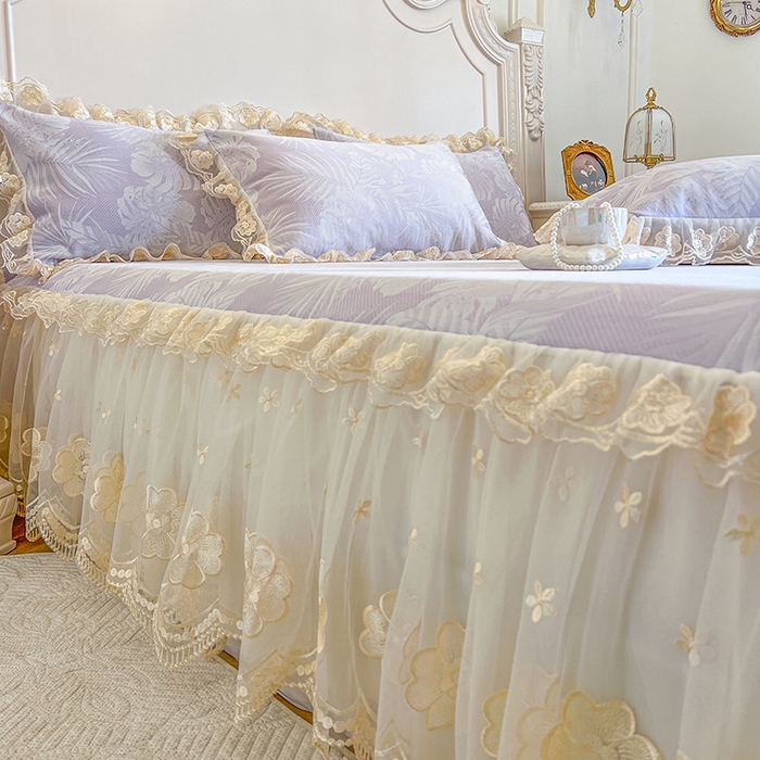 91家纺网 家纺一手货源 找家纺 网红馆（ck家纺） 2025新款提花冰丝席床裙款凉席席子三件套-叶璃 叶璃-紫