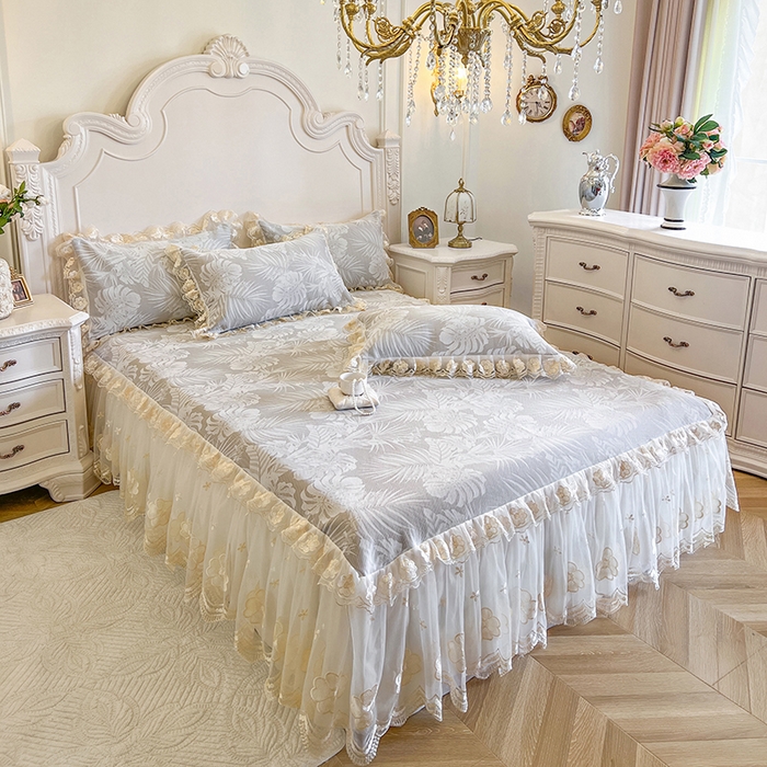 91家纺网 家纺一手货源 找家纺 网红馆（ck家纺） 2025新款提花冰丝席床裙款凉席席子三件套-叶璃 叶璃-灰