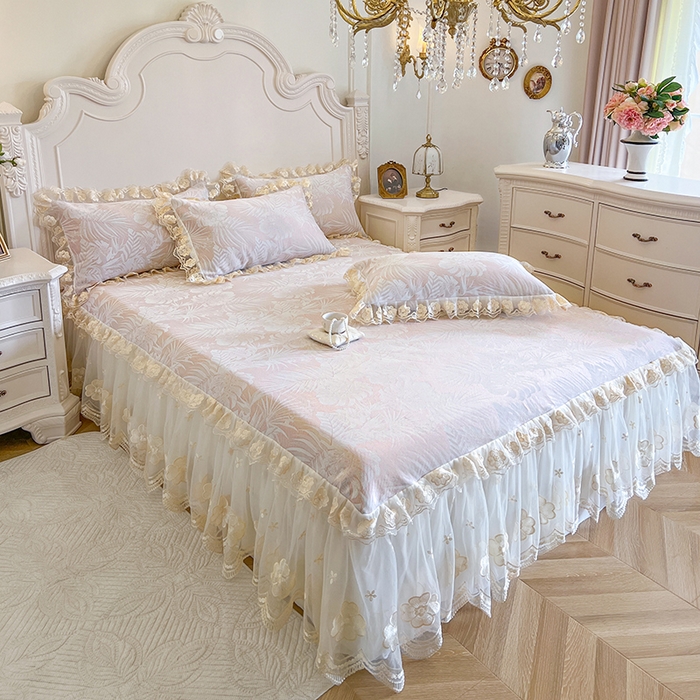 91家纺网 家纺一手货源 找家纺 （总）网红馆（ck家纺） 2025新款提花冰丝席床裙款凉席席子三件套-叶璃