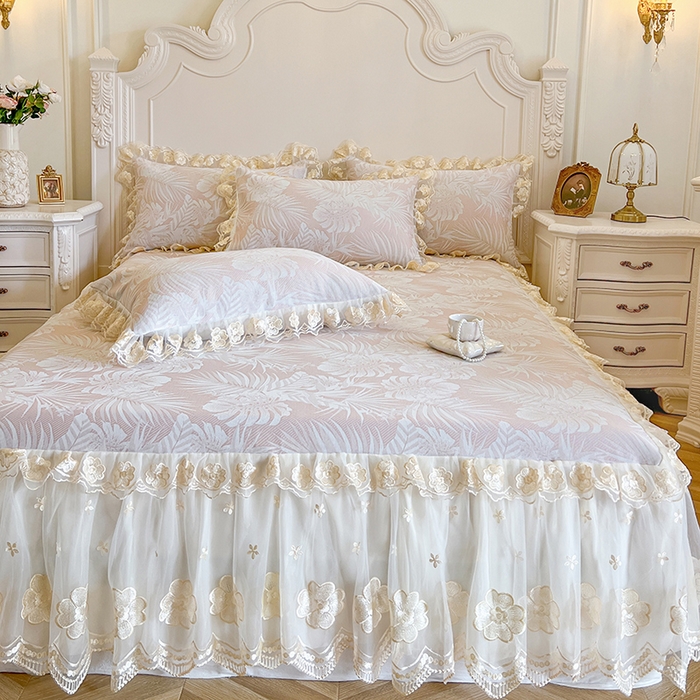 91家纺网 家纺一手货源 找家纺 （总）网红馆（ck家纺） 2025新款提花冰丝席床裙款凉席席子三件套-叶璃