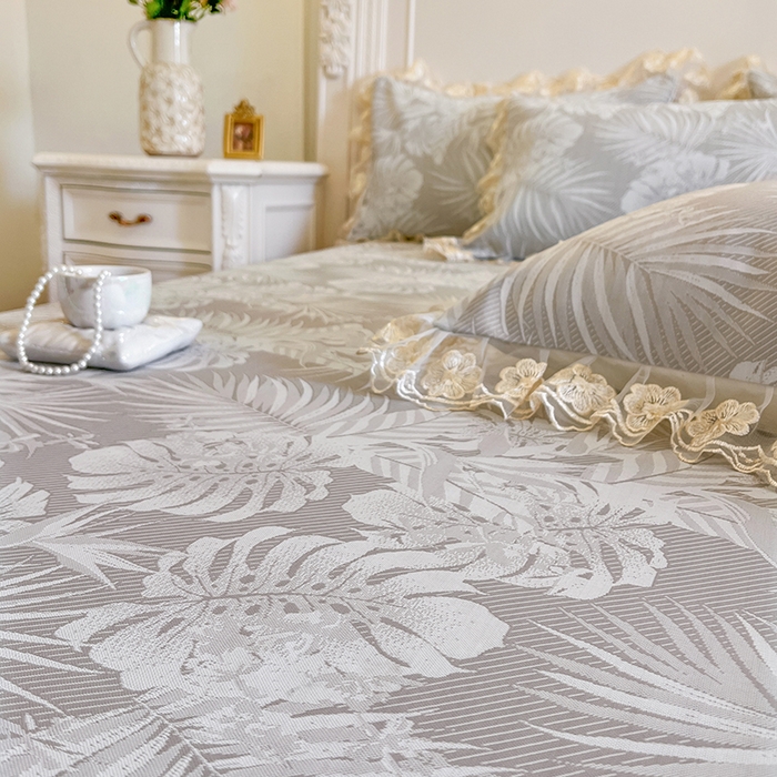 91家纺网 家纺一手货源 找家纺 网红馆（ck家纺） 2025新款提花冰丝席床裙款凉席席子三件套-叶璃 叶璃-灰