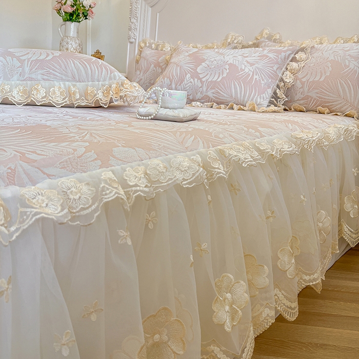 91家纺网 家纺一手货源 找家纺 网红馆（ck家纺） 2025新款提花冰丝席床裙款凉席席子三件套-叶璃 叶璃-粉