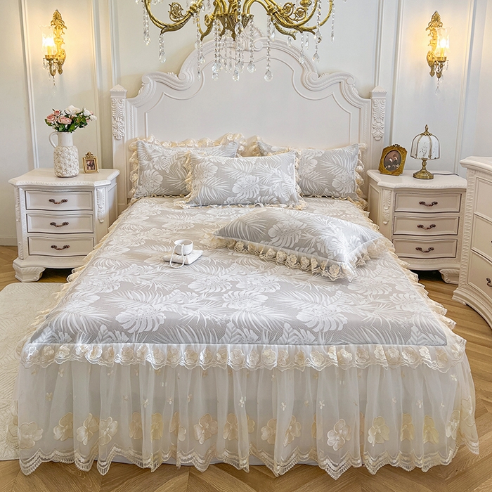 网红馆（ck家纺） 2025新款提花冰丝席床裙款凉席席子三件套-叶璃 叶璃-灰