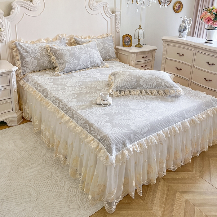 91家纺网 家纺一手货源 找家纺 网红馆（ck家纺） 2025新款提花冰丝席床裙款凉席席子三件套-叶璃 叶璃-灰