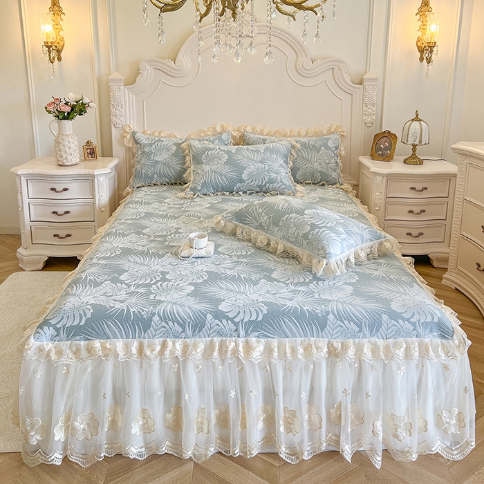 91家纺网 家纺一手货源 找家纺 （总）网红馆（ck家纺） 2025新款提花冰丝席床裙款凉席席子三件套-叶璃