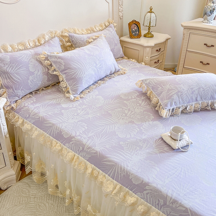 91家纺网 家纺一手货源 找家纺 网红馆（ck家纺） 2025新款提花冰丝席床裙款凉席席子三件套-叶璃 叶璃-紫