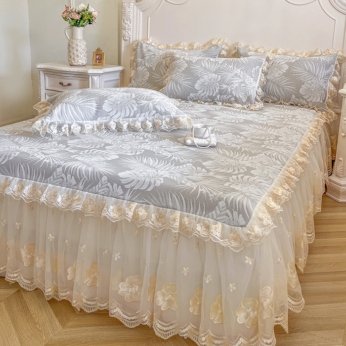 91家纺网 家纺一手货源 找家纺 网红馆（ck家纺） 2025新款提花冰丝席床裙款凉席席子三件套-叶璃 叶璃-灰