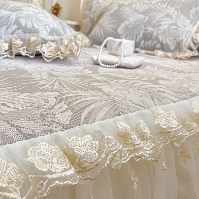 91家纺网 家纺一手货源 找家纺 网红馆（ck家纺） 2025新款提花冰丝席床裙款凉席席子三件套-叶璃 叶璃-灰