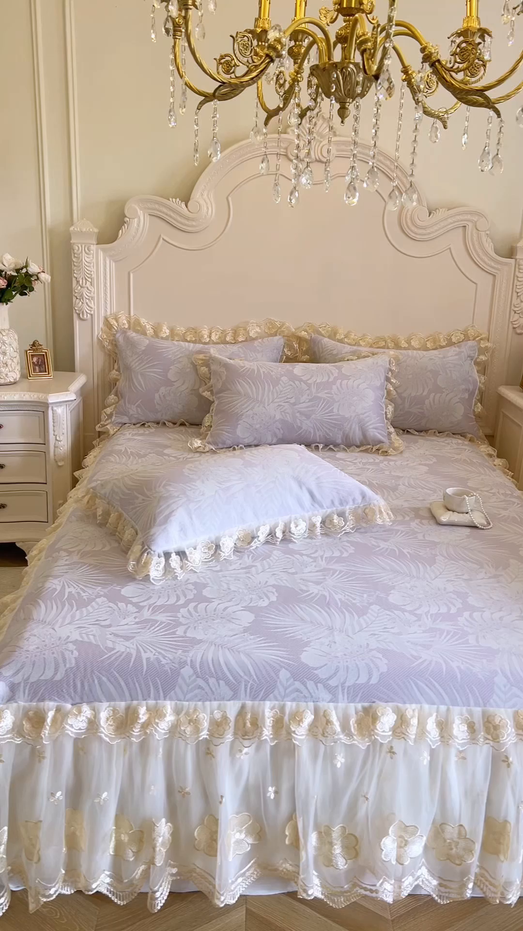 91家纺网 家纺一手货源 找家纺 网红馆（ck家纺） 2025新款提花冰丝席床裙款凉席席子三件套-叶璃 叶璃-紫