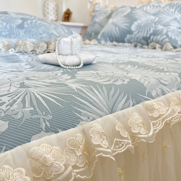 91家纺网 家纺一手货源 找家纺 网红馆（ck家纺） 2025新款提花冰丝席床裙款凉席席子三件套-叶璃 叶璃-蓝