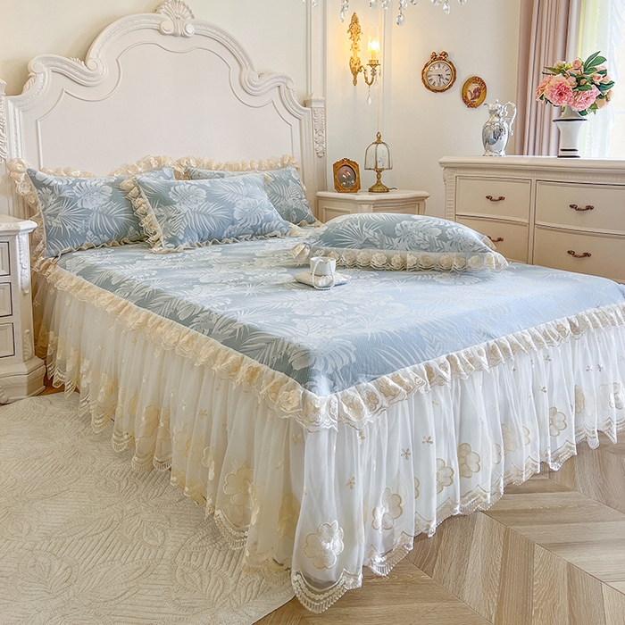 91家纺网 家纺一手货源 找家纺 网红馆（ck家纺） 2025新款提花冰丝席床裙款凉席席子三件套-叶璃 叶璃-蓝