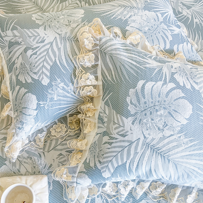 91家纺网 家纺一手货源 找家纺 网红馆（ck家纺） 2025新款提花冰丝席床裙款凉席席子三件套-叶璃 叶璃-蓝