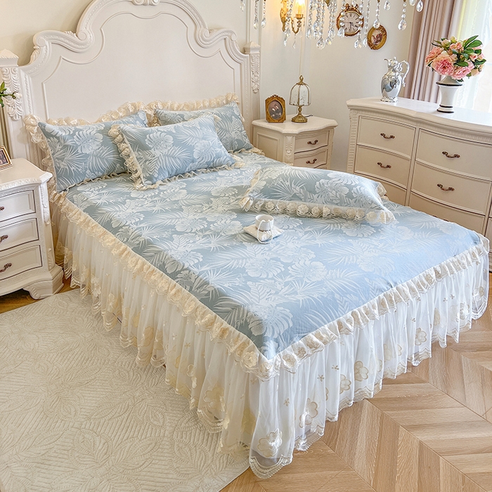 91家纺网 家纺一手货源 找家纺 网红馆（ck家纺） 2025新款提花冰丝席床裙款凉席席子三件套-叶璃 叶璃-蓝