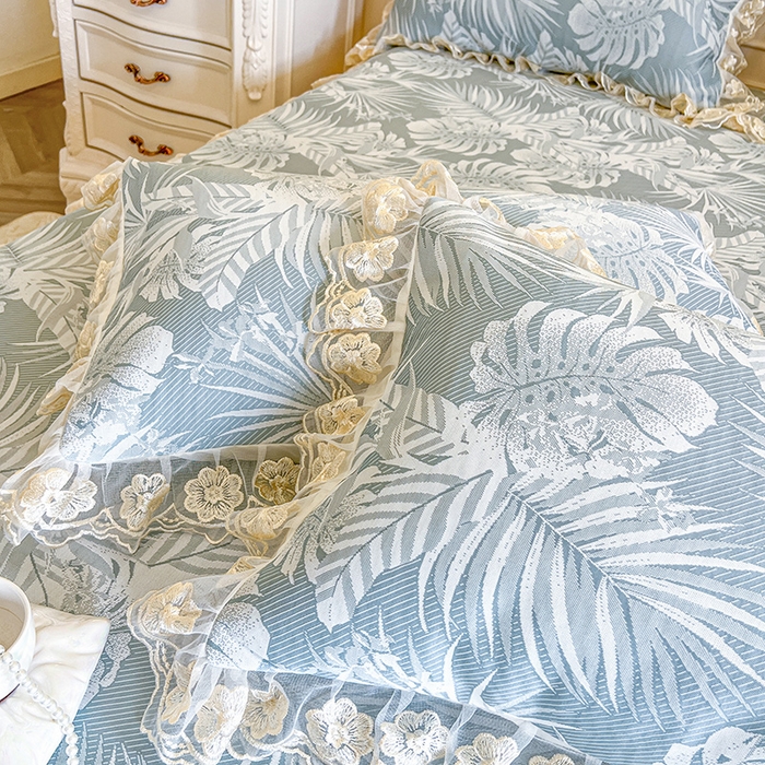 91家纺网 家纺一手货源 找家纺 网红馆（ck家纺） 2025新款提花冰丝席床裙款凉席席子三件套-叶璃 叶璃-蓝