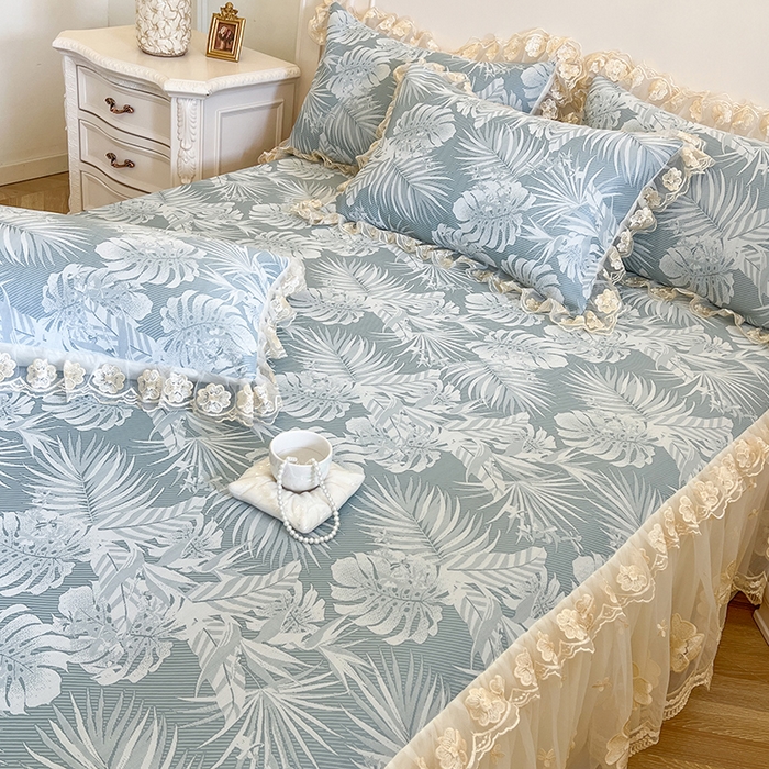 91家纺网 家纺一手货源 找家纺 网红馆（ck家纺） 2025新款提花冰丝席床裙款凉席席子三件套-叶璃 叶璃-蓝