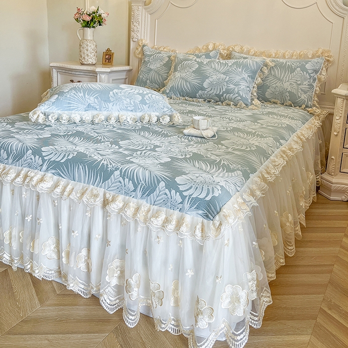 91家纺网 家纺一手货源 找家纺 网红馆（ck家纺） 2025新款提花冰丝席床裙款凉席席子三件套-叶璃 叶璃-蓝