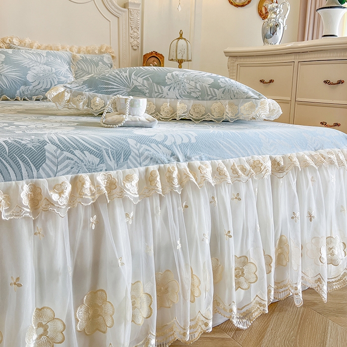 91家纺网 家纺一手货源 找家纺 网红馆（ck家纺） 2025新款提花冰丝席床裙款凉席席子三件套-叶璃 叶璃-蓝