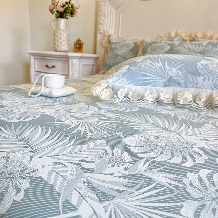 91家纺网 家纺一手货源 找家纺 网红馆（ck家纺） 2025新款提花冰丝席床裙款凉席席子三件套-叶璃 叶璃-蓝