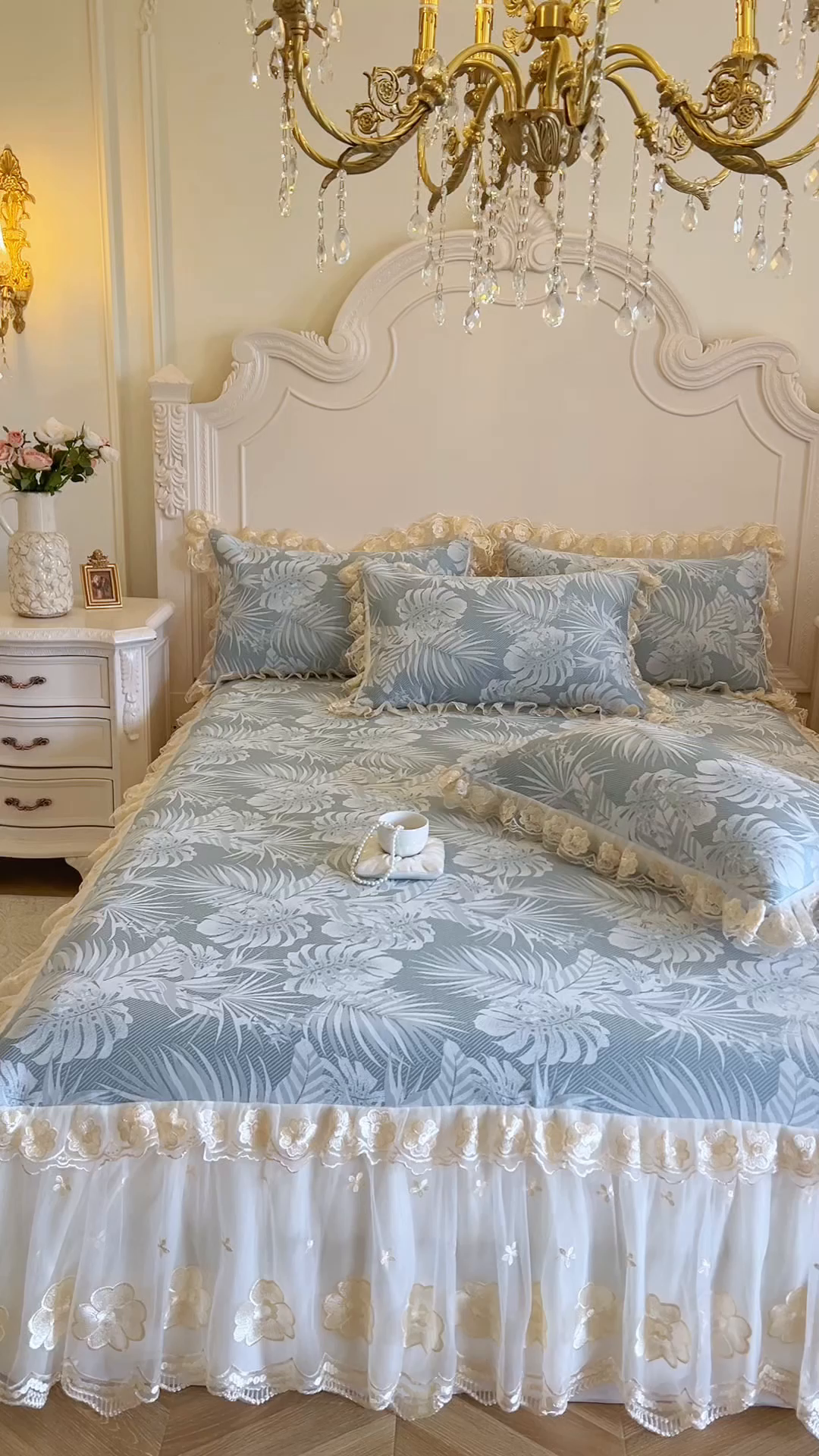 91家纺网 家纺一手货源 找家纺 网红馆（ck家纺） 2025新款提花冰丝席床裙款凉席席子三件套-叶璃 叶璃-蓝