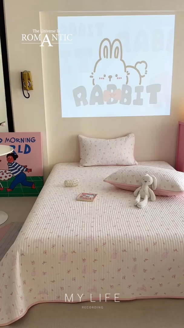 91家纺网 家纺一手货源 找家纺 琳可家居 2025新款13070印花款双面全棉全棉床盖 粉兔花语