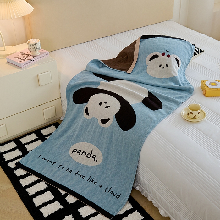 91家纺网 家纺一手货源 找家纺 悦然毛巾被 2025新款A类全棉纯棉四层纱布浴巾 功夫熊 75x160cm