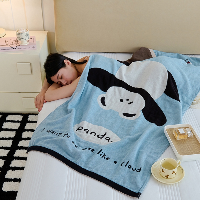 91家纺网 家纺一手货源 找家纺 悦然毛巾被 2025新款A类全棉纯棉四层纱布浴巾 功夫熊 75x160cm