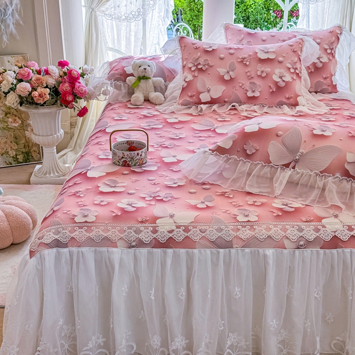 91家纺网 家纺一手货源 找家纺 罗艺轩 2025新款冰丝5D印花床裙凉席席子 蝴蝶粉