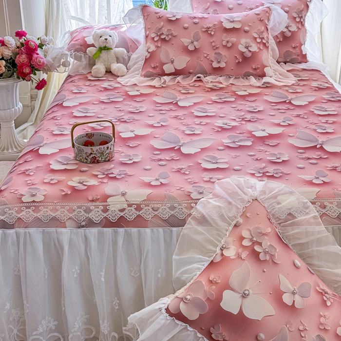 91家纺网 家纺一手货源 找家纺 罗艺轩 2025新款冰丝5D印花床裙凉席席子 蝴蝶粉