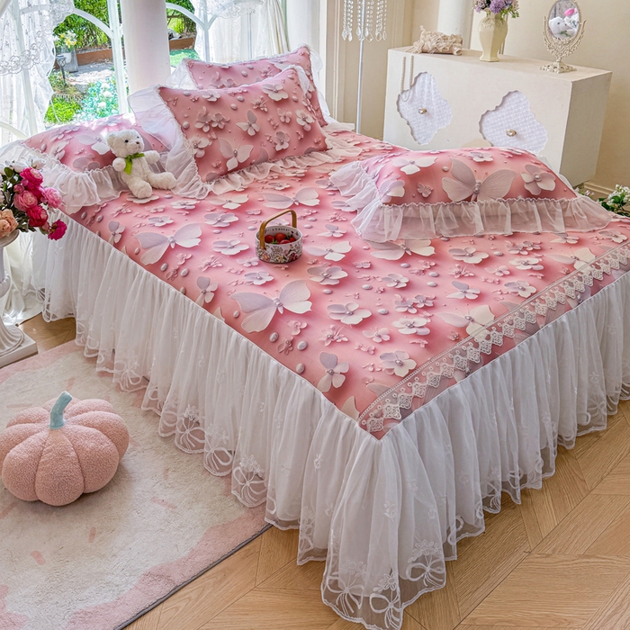 91家纺网 家纺一手货源 找家纺 罗艺轩 2025新款冰丝5D印花床裙凉席席子 蝴蝶粉