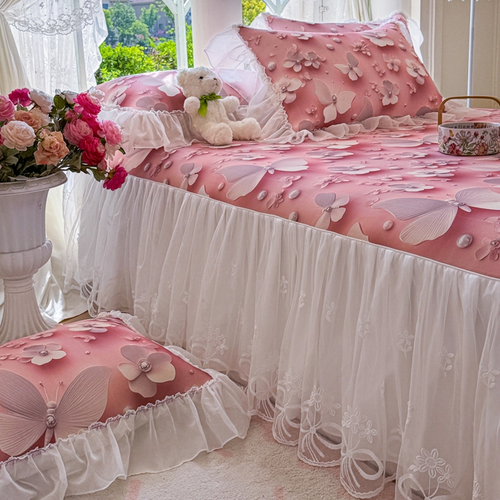 91家纺网 家纺一手货源 找家纺 罗艺轩 2025新款冰丝5D印花床裙凉席席子 蝴蝶粉