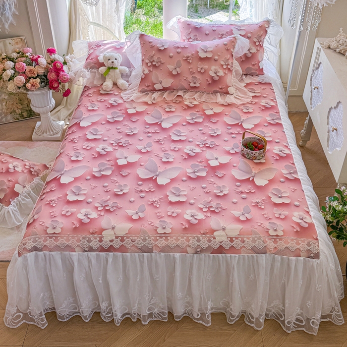 91家纺网 家纺一手货源 找家纺 罗艺轩 2025新款冰丝5D印花床裙凉席席子 蝴蝶粉