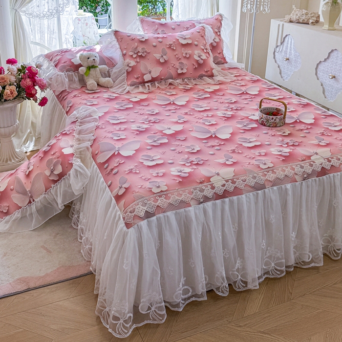 91家纺网 家纺一手货源 找家纺 罗艺轩 2025新款冰丝5D印花床裙凉席席子 蝴蝶粉