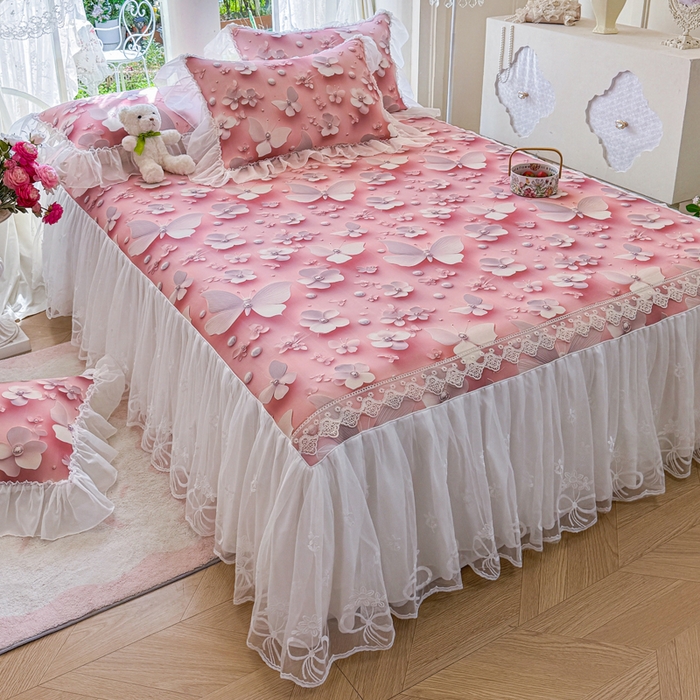 91家纺网 家纺一手货源 找家纺 罗艺轩 2025新款冰丝5D印花床裙凉席席子 蝴蝶粉