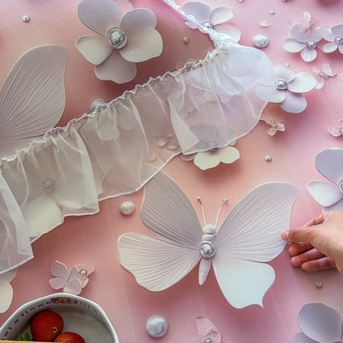 91家纺网 家纺一手货源 找家纺 罗艺轩 2025新款冰丝5D印花床裙凉席席子 蝴蝶粉