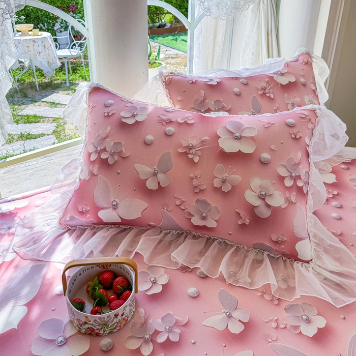 91家纺网 家纺一手货源 找家纺 罗艺轩 2025新款冰丝5D印花床裙凉席席子 蝴蝶粉