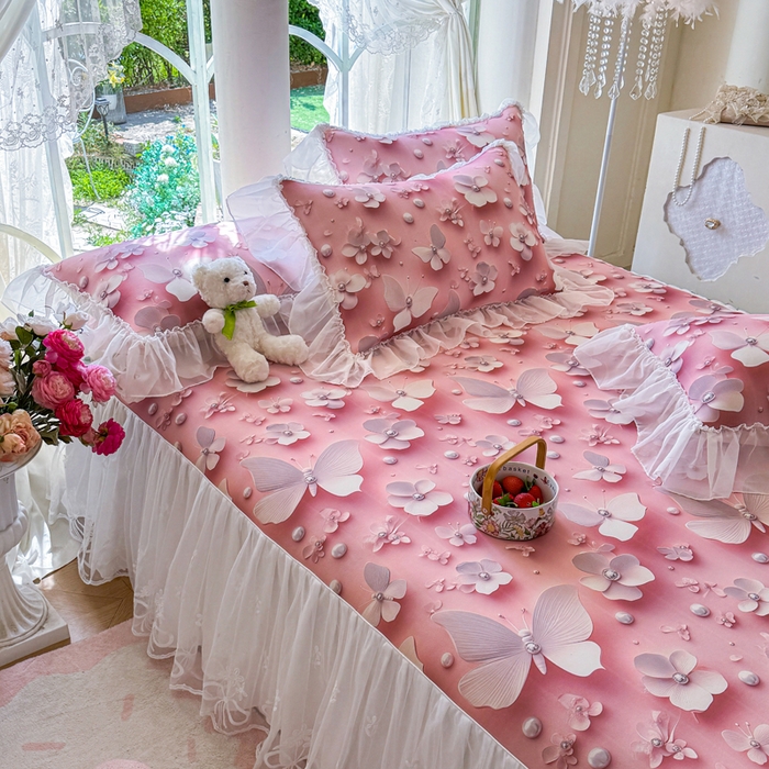 91家纺网 家纺一手货源 找家纺 罗艺轩 2025新款冰丝5D印花床裙凉席席子 蝴蝶粉