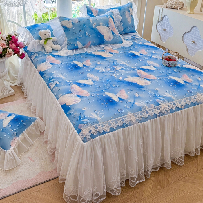 91家纺网 家纺一手货源 找家纺 罗艺轩 2025新款冰丝5D印花床裙凉席席子 蝴蝶蓝