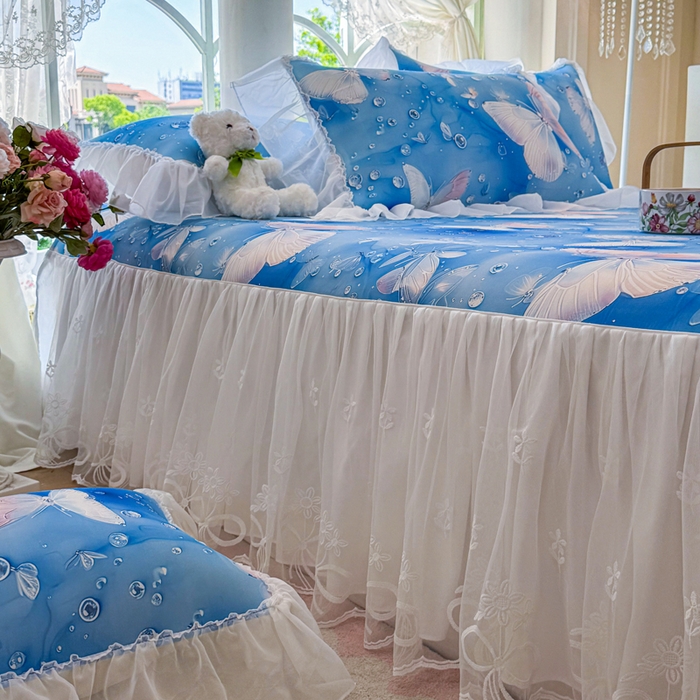 91家纺网 家纺一手货源 找家纺 罗艺轩 2025新款冰丝5D印花床裙凉席席子 蝴蝶蓝