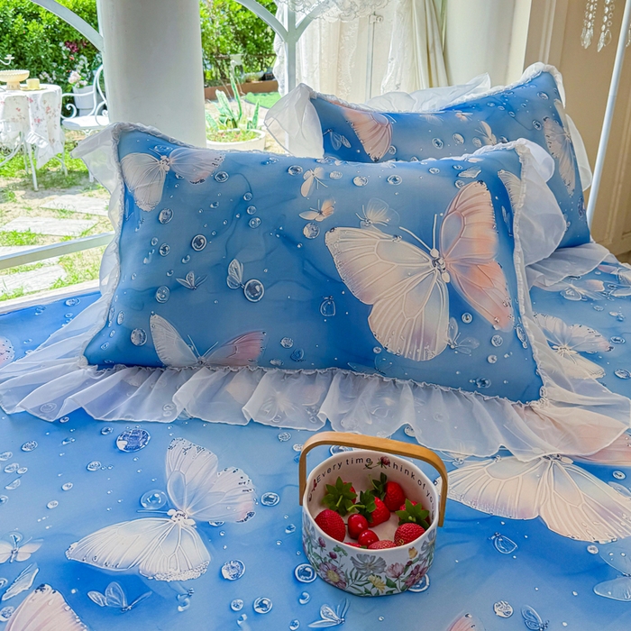 91家纺网 家纺一手货源 找家纺 罗艺轩 2025新款冰丝5D印花床裙凉席席子 蝴蝶蓝