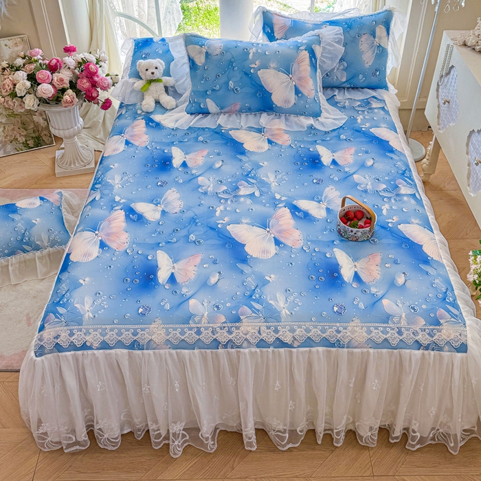 91家纺网 家纺一手货源 找家纺 罗艺轩 2025新款冰丝5D印花床裙凉席席子 蝴蝶蓝