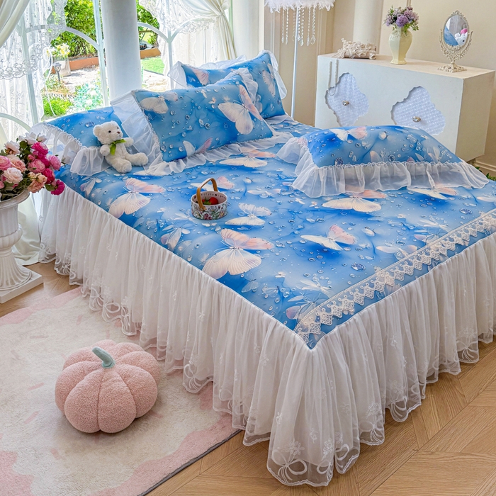 91家纺网 家纺一手货源 找家纺 罗艺轩 2025新款冰丝5D印花床裙凉席席子 蝴蝶蓝