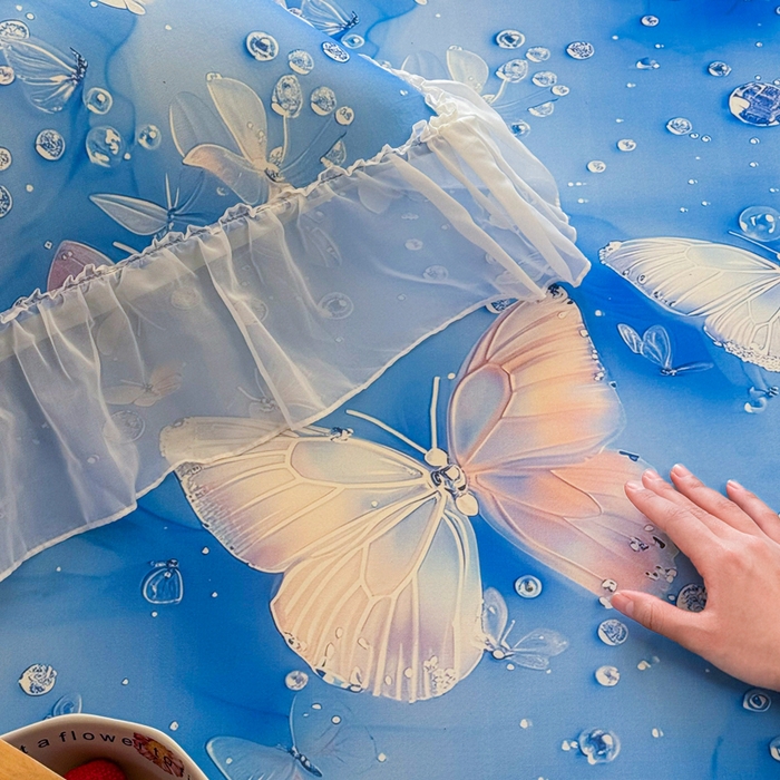 91家纺网 家纺一手货源 找家纺 罗艺轩 2025新款冰丝5D印花床裙凉席席子 蝴蝶蓝