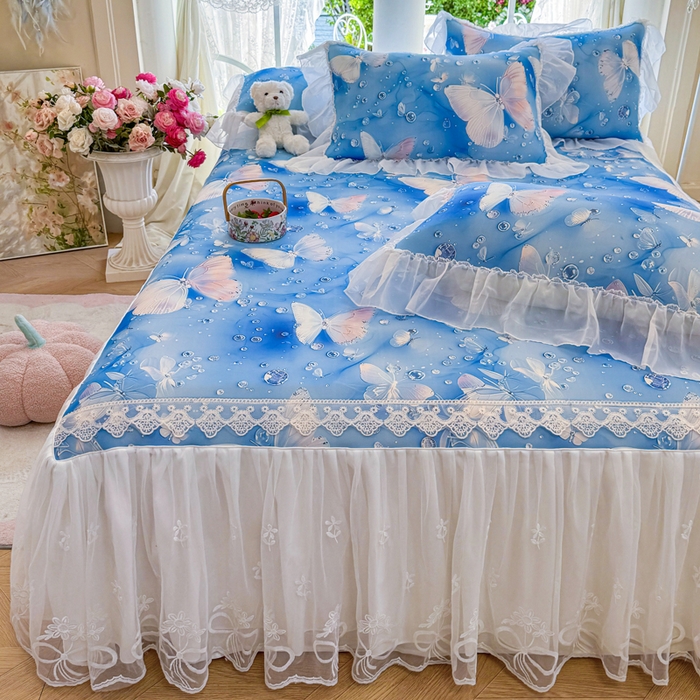 91家纺网 家纺一手货源 找家纺 罗艺轩 2025新款冰丝5D印花床裙凉席席子 蝴蝶蓝